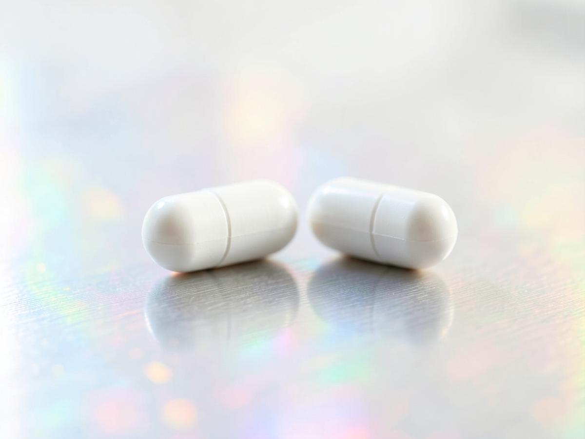 Close-up of two white Reta3 capsules on a light surface